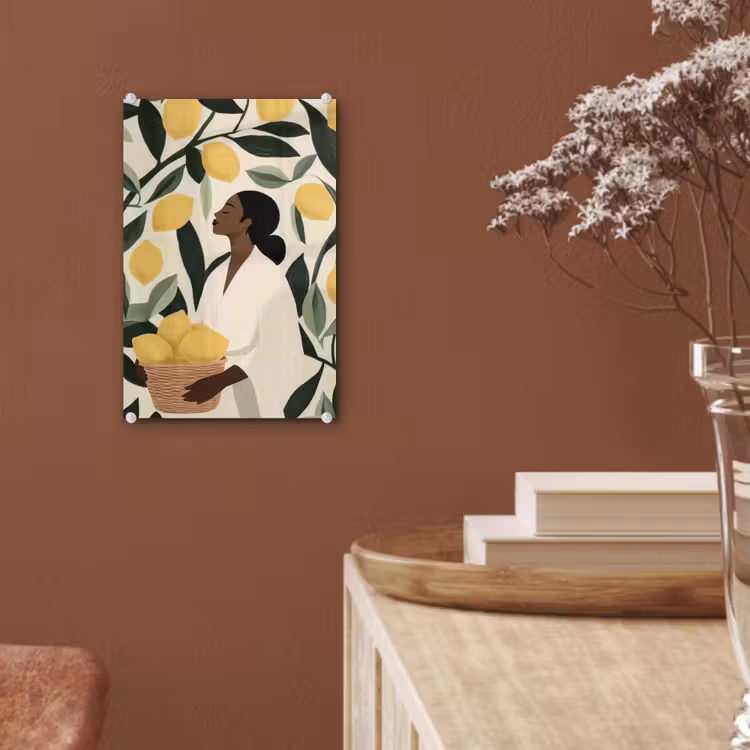 Glas schilderij - Vrouw - Mand - Citroenen - Bladeren — 6