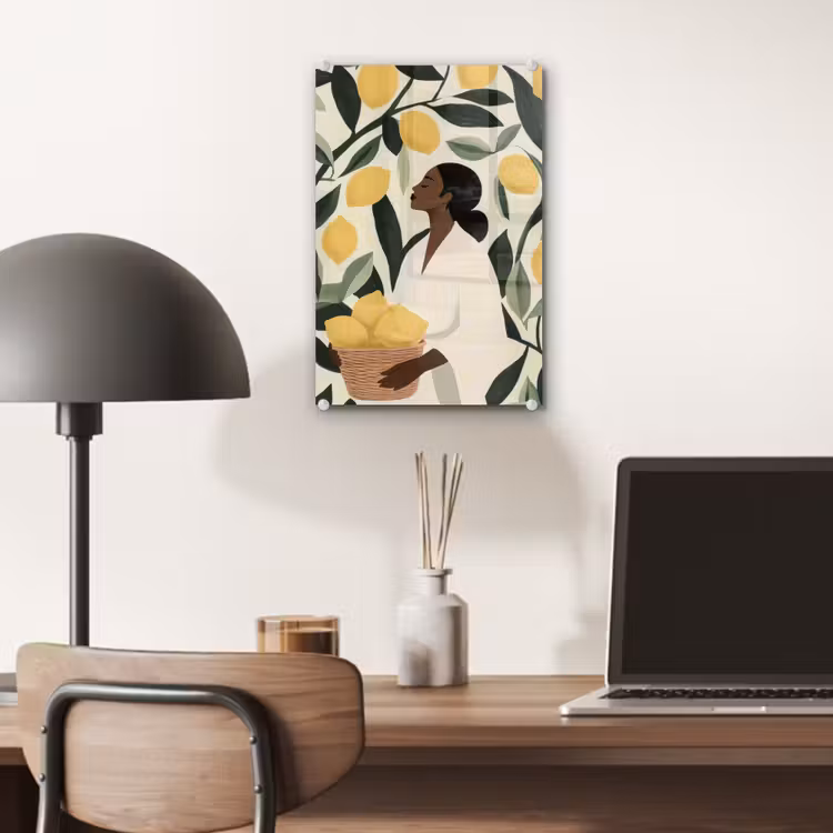 Glas schilderij - Vrouw - Mand - Citroenen - Bladeren — 7