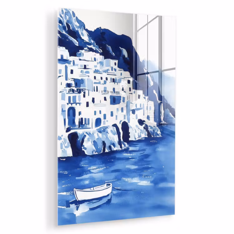 Glas schilderij - Dorp - Rotswand - Roeiboot - Water — 1