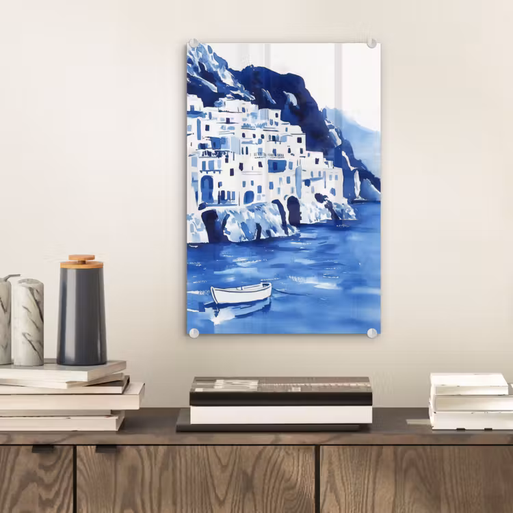 Glas schilderij - Dorp - Rotswand - Roeiboot - Water — 2