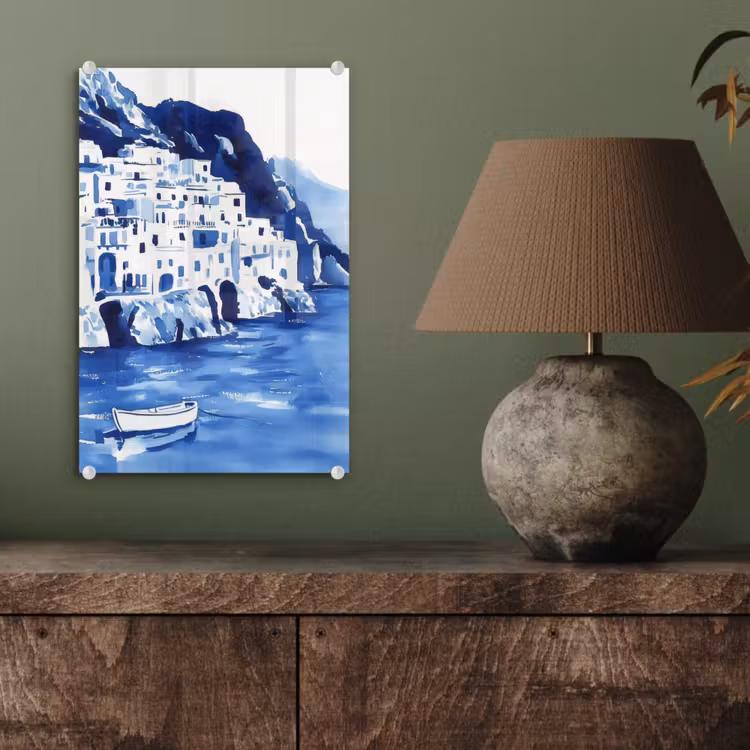 Glas schilderij - Dorp - Rotswand - Roeiboot - Water — 4