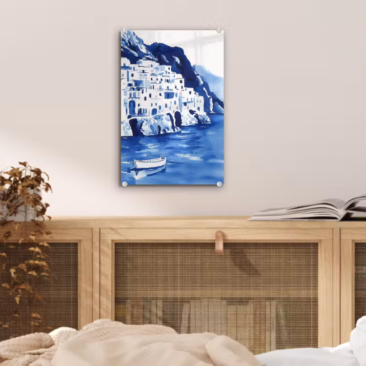 Glas schilderij - Dorp - Rotswand - Roeiboot - Water — 5