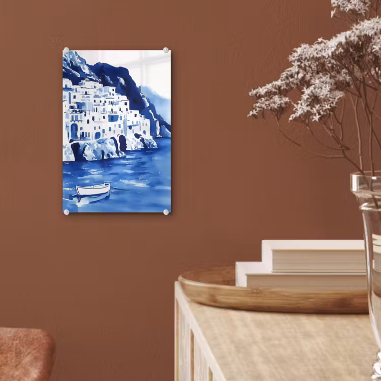 Glas schilderij - Dorp - Rotswand - Roeiboot - Water — 6