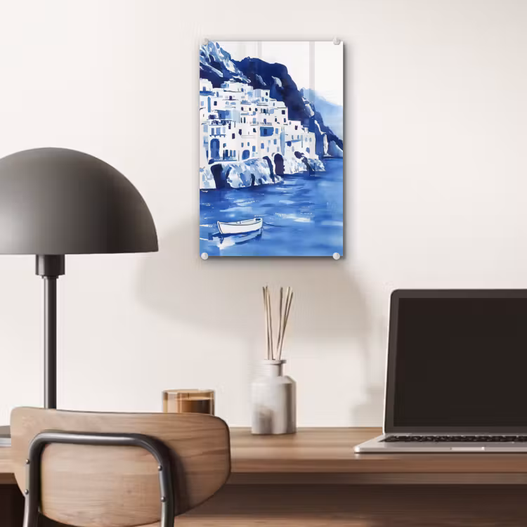 Glas schilderij - Dorp - Rotswand - Roeiboot - Water — 7