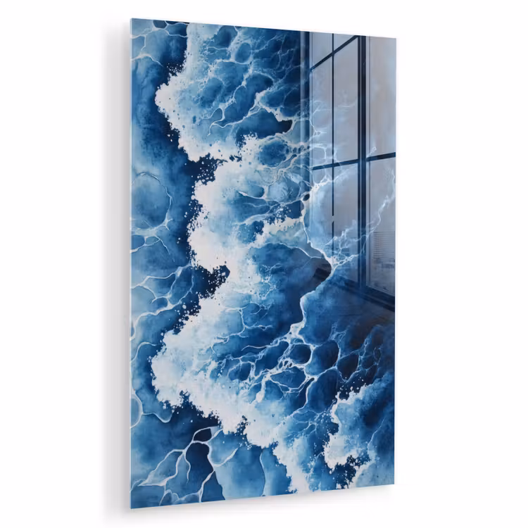 Glas schilderij - Golven - Blauw - Schuim — 1