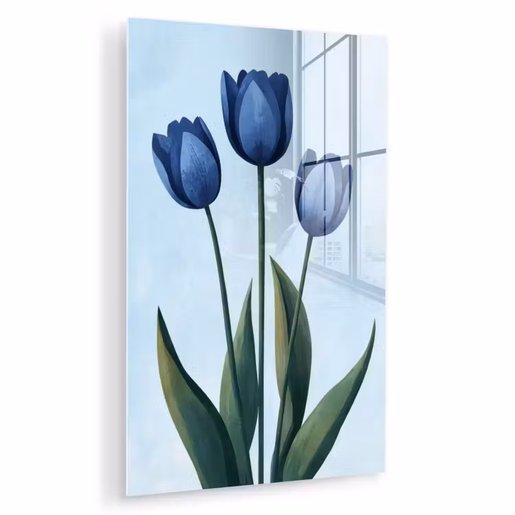 Glas schilderij - Tulpen - Blauw - Bladeren — 1