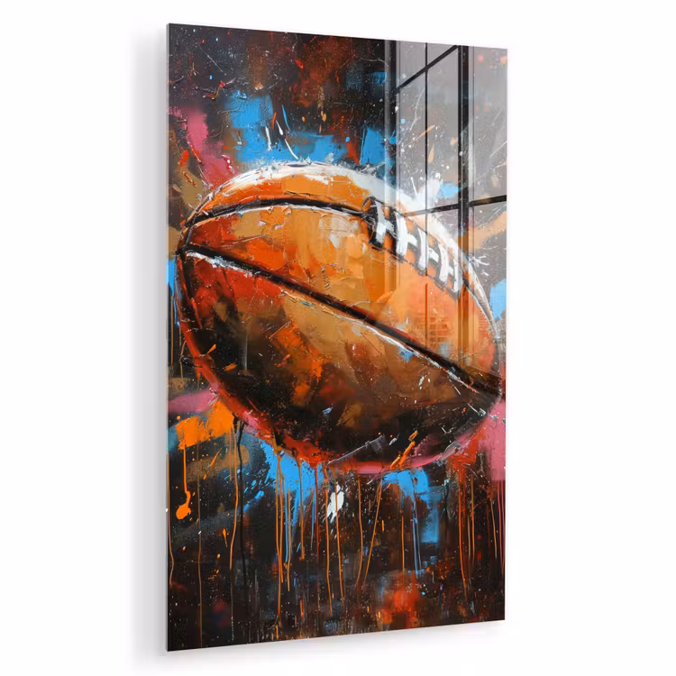 Glas schilderij - Graffiti - Rugby - Kleurrijk - Rugbybal — 1