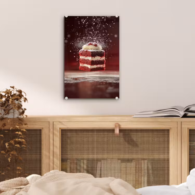 Glas schilderij - Rode - Velvet - Taart - Eten — 5