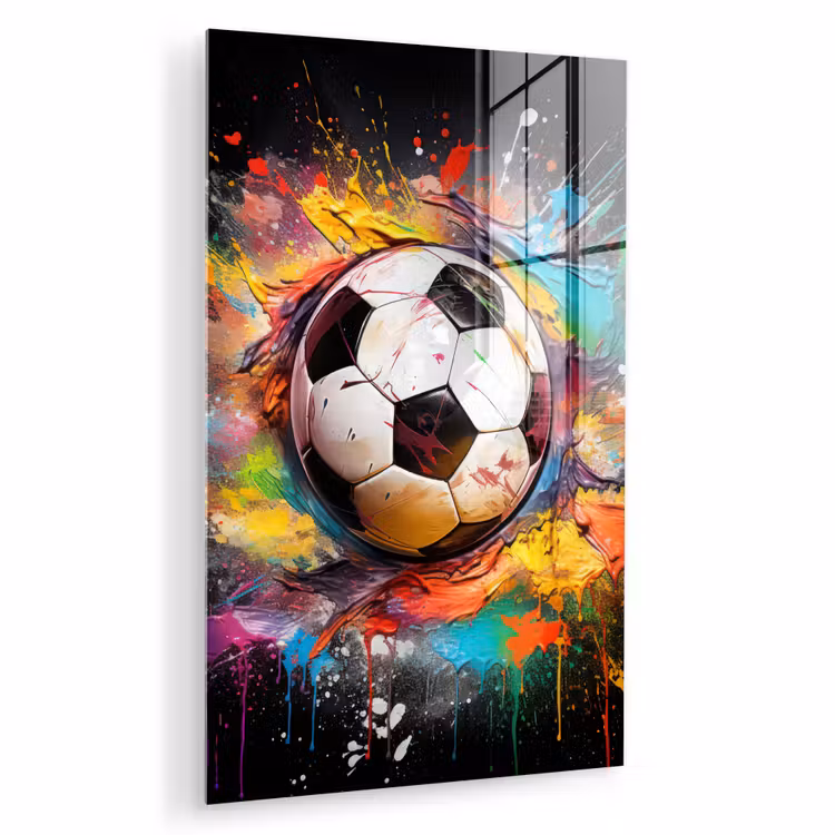 Glas schilderij - Voetbal - Verf - Kleuren - Zwart - Wit — 1