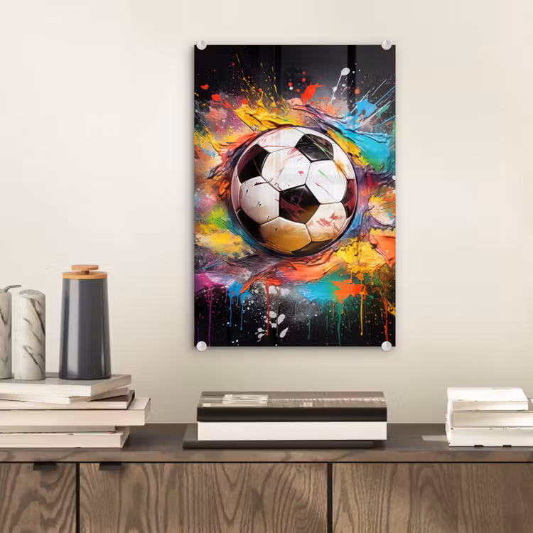 Glas schilderij - Voetbal - Verf - Kleuren - Zwart - Wit — 2