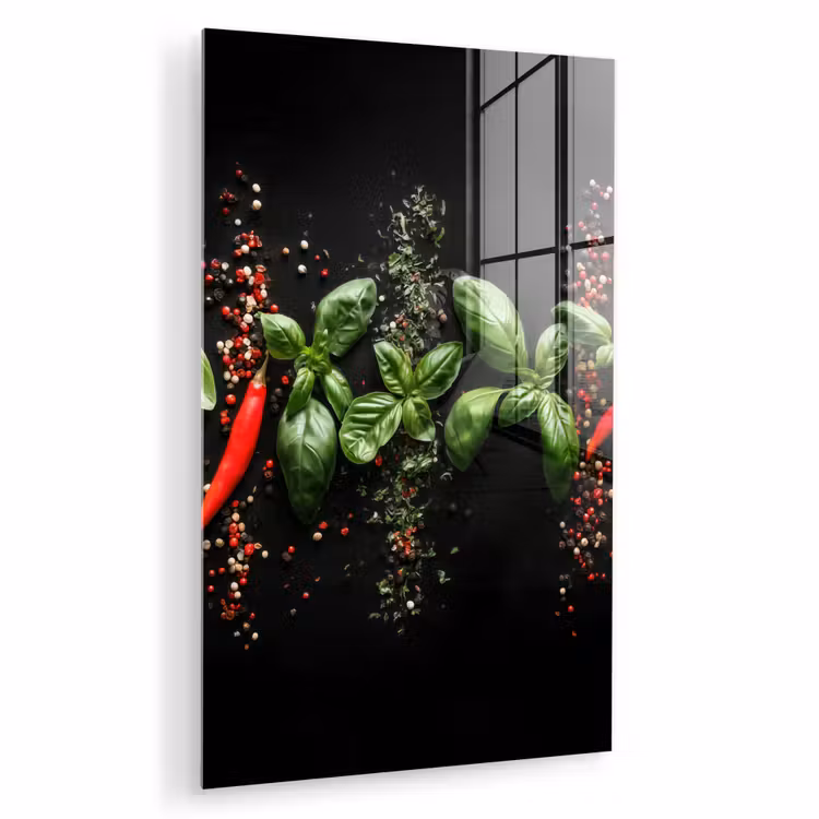 Glas schilderij - Chilipepers - Basilicum - Blaadjes - Rood — 1