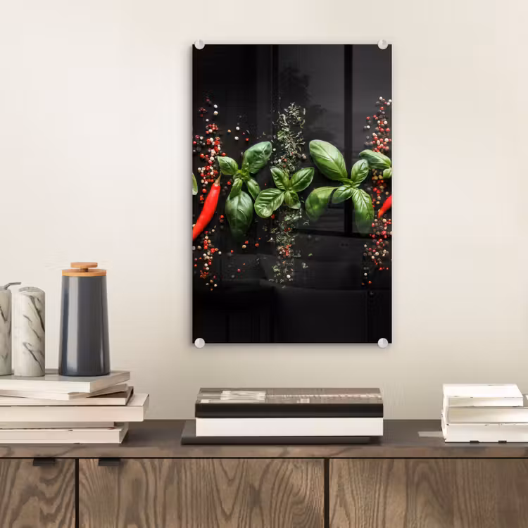 Glas schilderij - Chilipepers - Basilicum - Blaadjes - Rood — 2