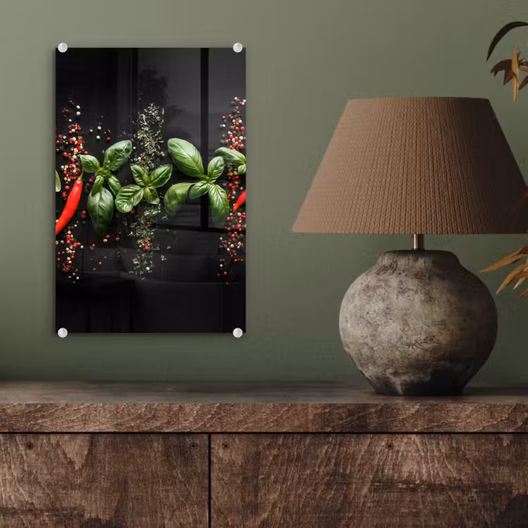 Glas schilderij - Chilipepers - Basilicum - Blaadjes - Rood — 4