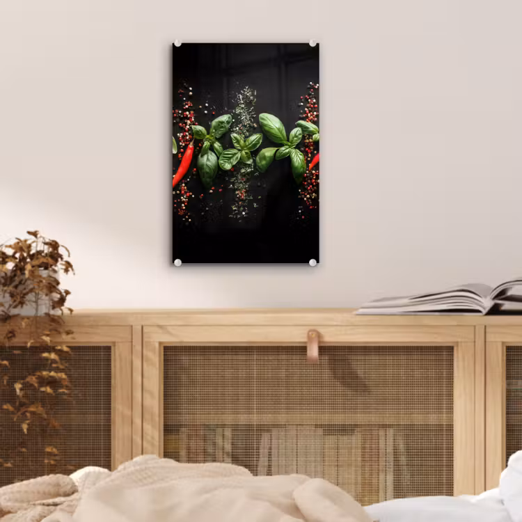 Glas schilderij - Chilipepers - Basilicum - Blaadjes - Rood — 5