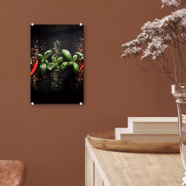Glas schilderij - Chilipepers - Basilicum - Blaadjes - Rood — 6