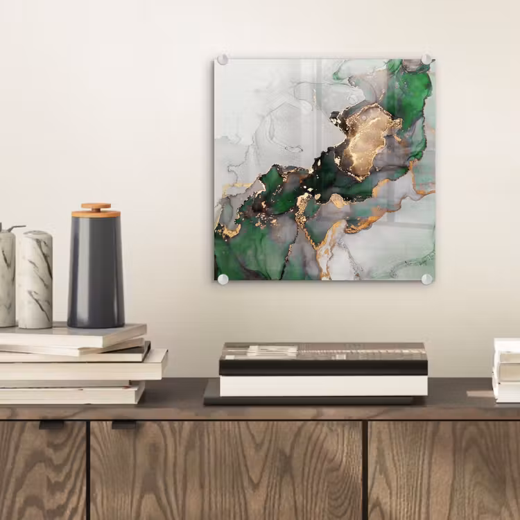 Glas schilderij - Marmer - Goud - Groen - Luxe — 1