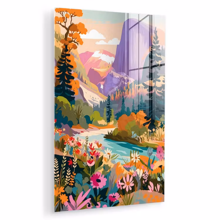 Glas schilderij - Rivier - Vallei vol bloemen - Levendig — 1