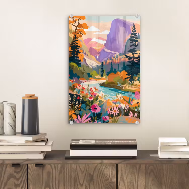 Glas schilderij - Rivier - Vallei vol bloemen - Levendig — 2