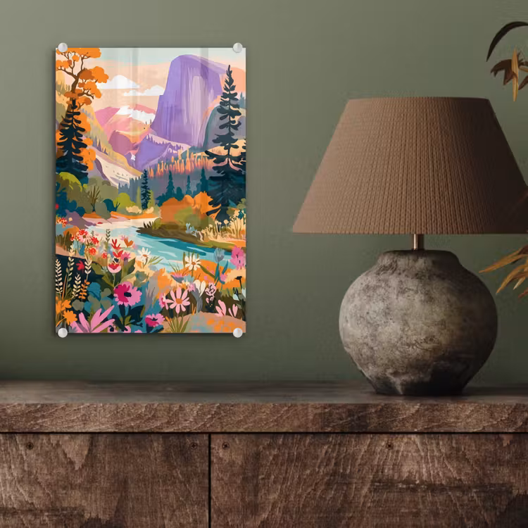 Glas schilderij - Rivier - Vallei vol bloemen - Levendig — 4