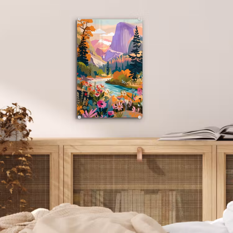Glas schilderij - Rivier - Vallei vol bloemen - Levendig — 5