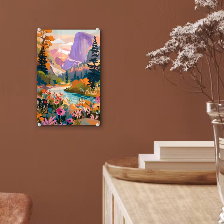Glas schilderij - Rivier - Vallei vol bloemen - Levendig — 6