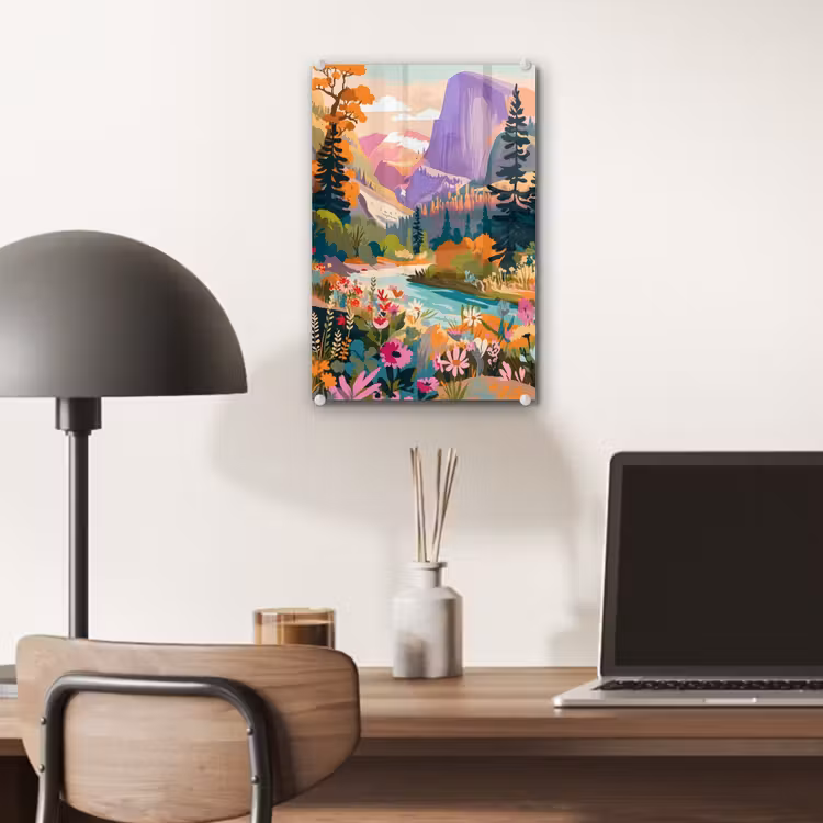 Glas schilderij - Rivier - Vallei vol bloemen - Levendig — 7