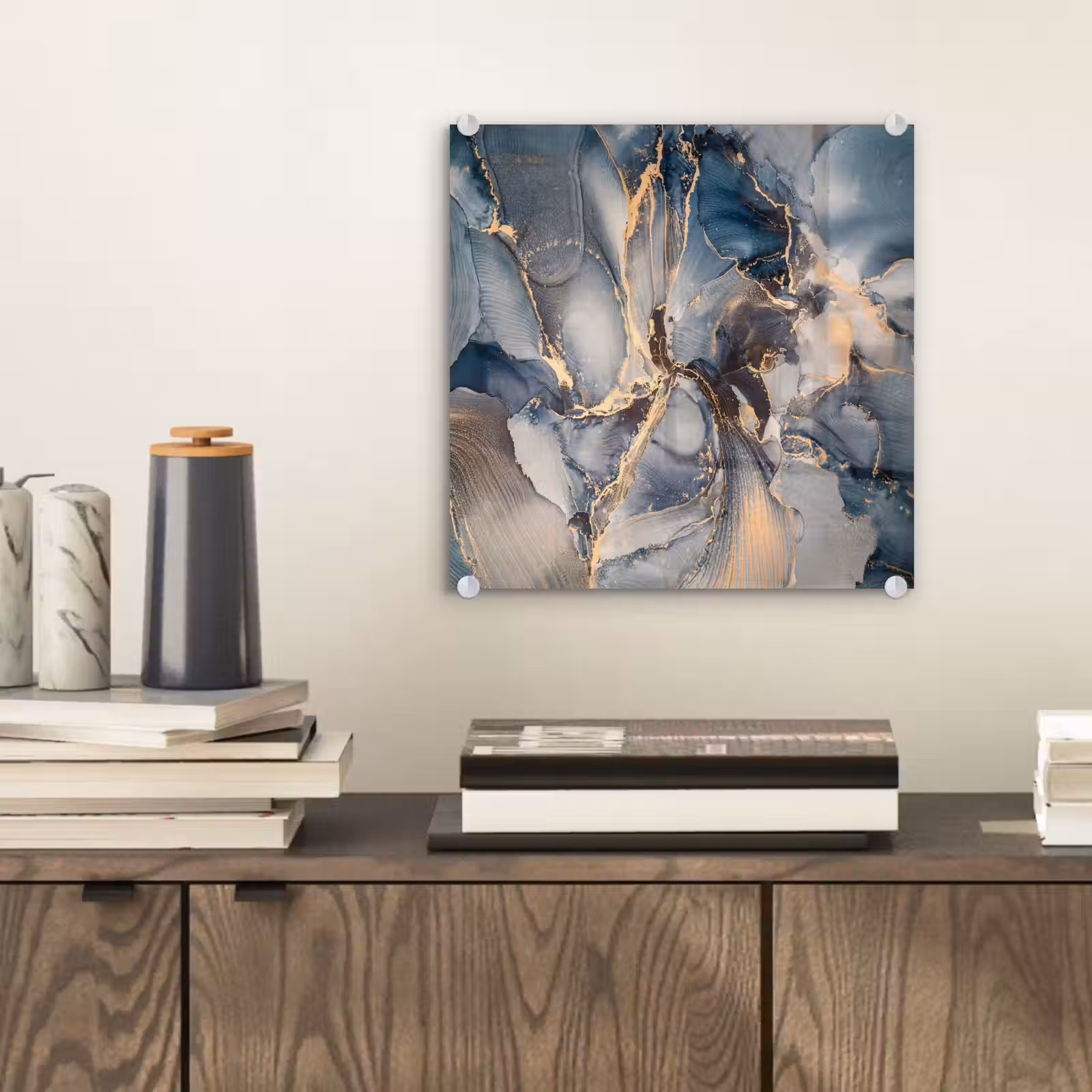Glas schilderij - Marmer - Grijs - Blauw - Luxe - Goud — 1