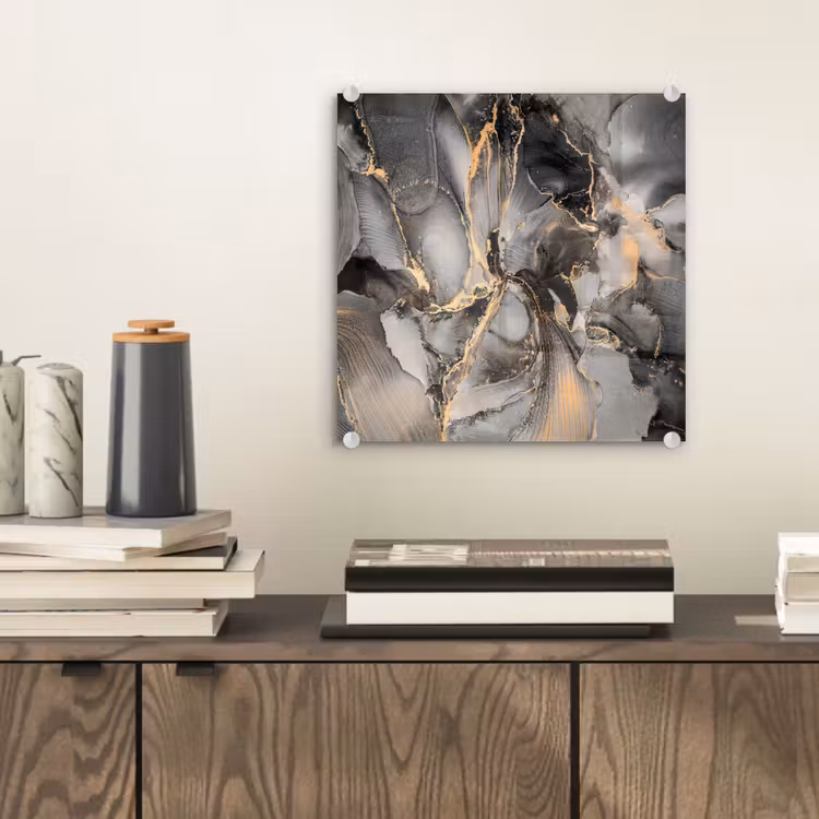 Glas schilderij - Grijs - Luxe - Goud - Marmer — 1