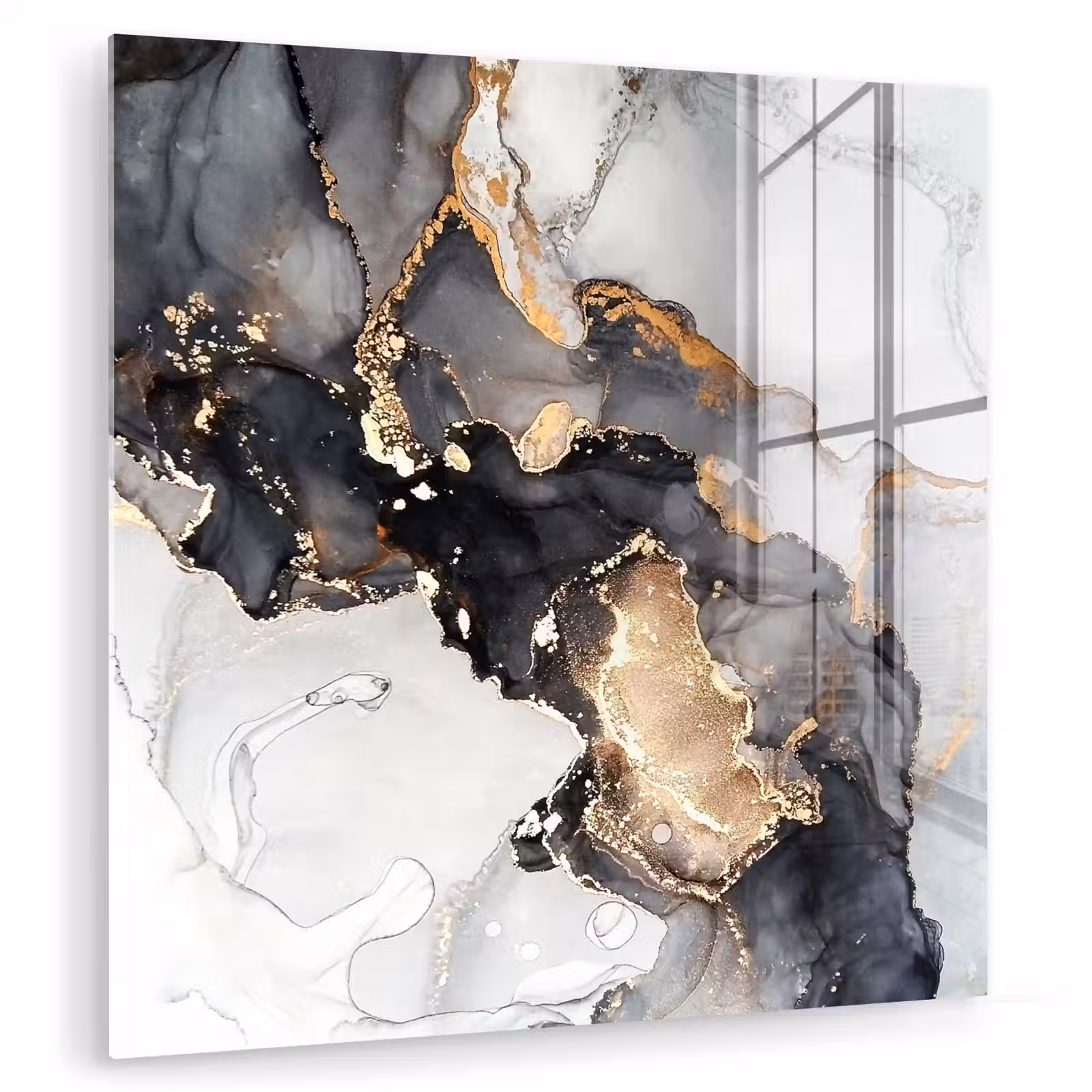 Glas schilderij - Marmer - Goud - Abstract - Zwart Wit - Luxe — 1