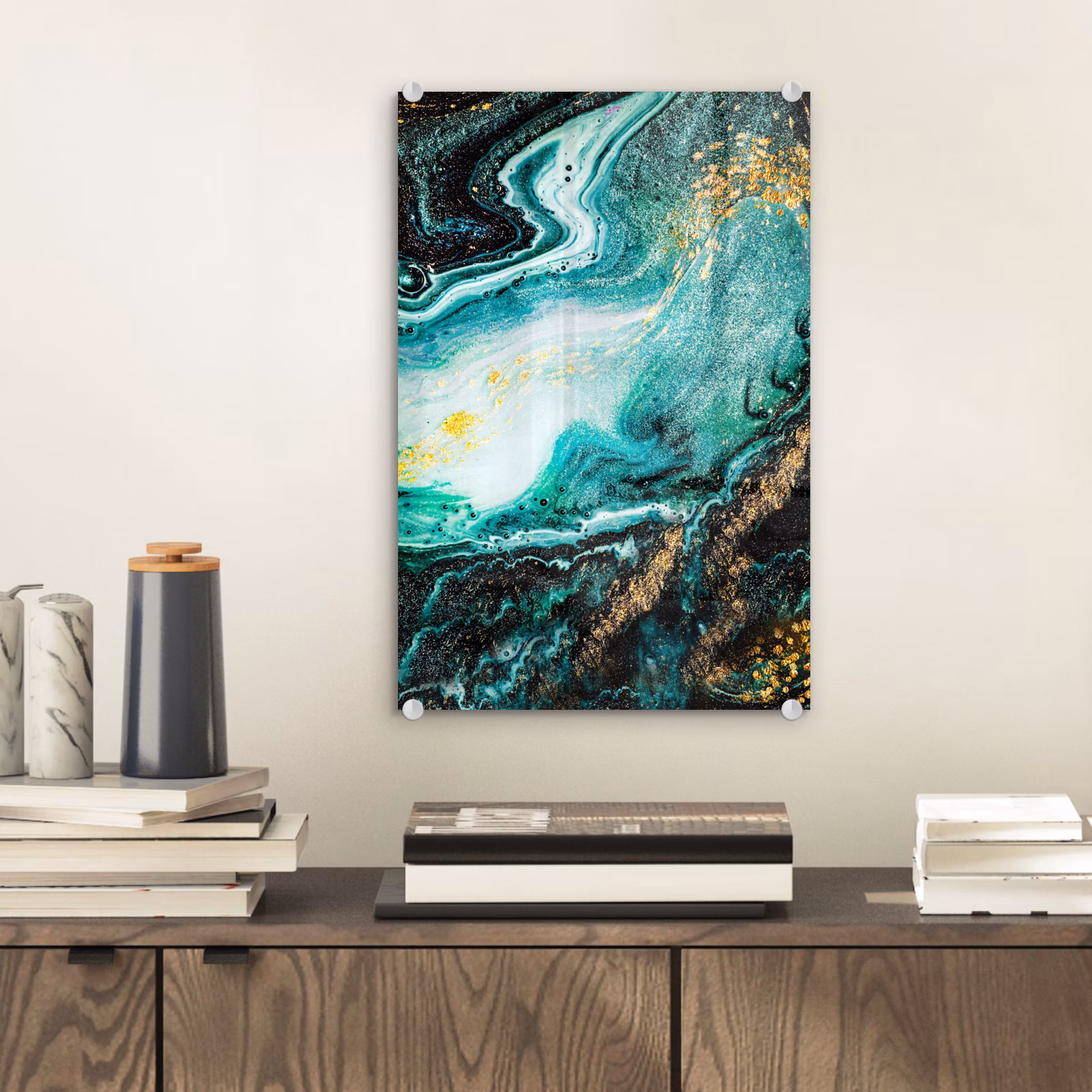 Glas schilderij - Marmerlook - Blauw - Goud - Glitter - Luxe - Marmer — 1
