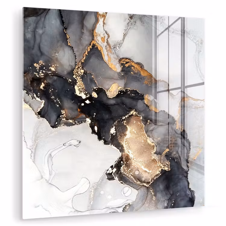 Glas schilderij - Marmer - Goud - Abstract - Zwart Wit - Luxe — 1