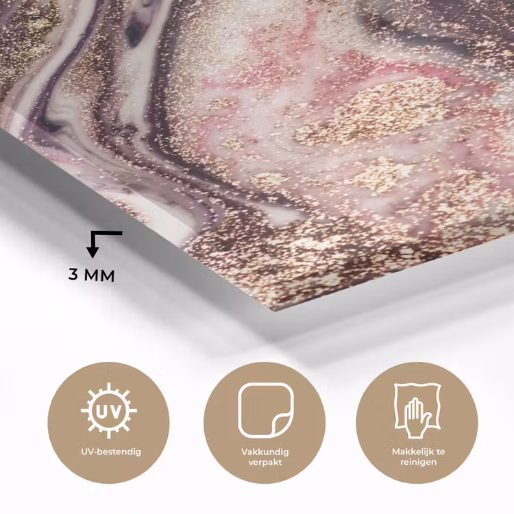 Glas schilderij - Marmer - Roze - Goud - Glitter - Marmerlook — 2