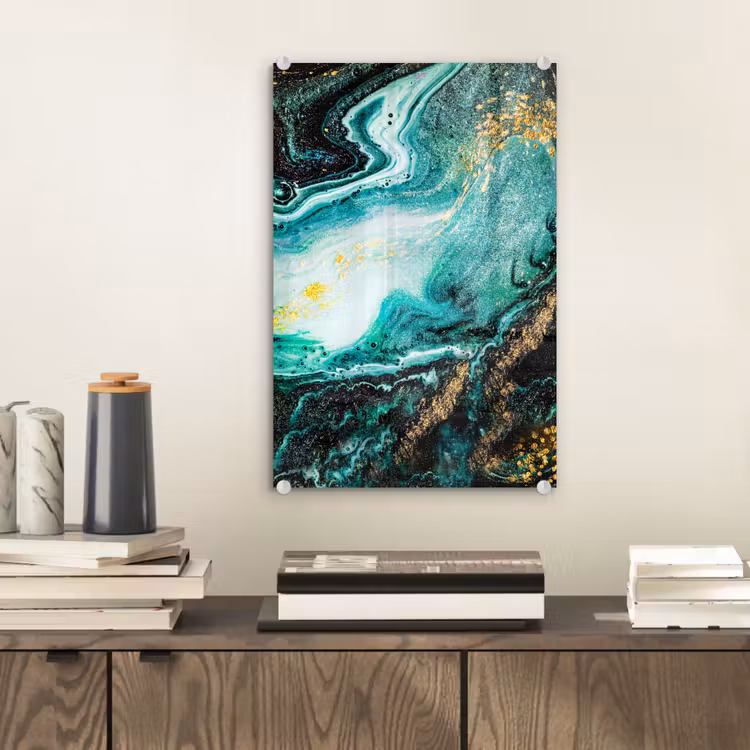 Glas schilderij - Marmerlook - Blauw - Goud - Glitter - Luxe - Marmer — 1