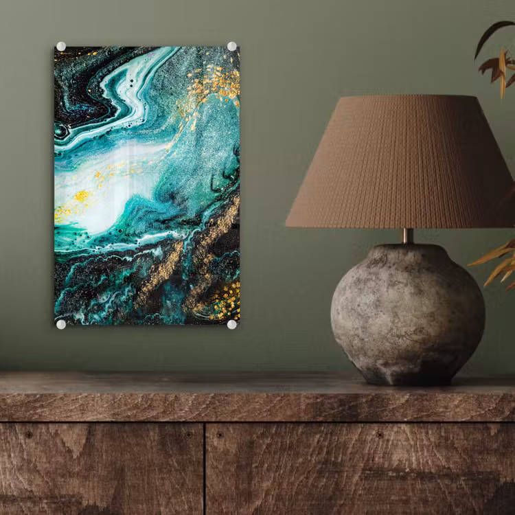 Glas schilderij - Marmerlook - Blauw - Goud - Glitter - Luxe - Marmer — 3