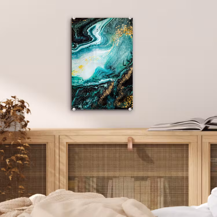 Glas schilderij - Marmerlook - Blauw - Goud - Glitter - Luxe - Marmer — 4
