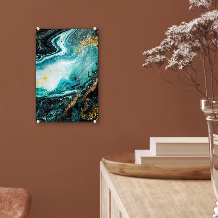 Glas schilderij - Marmerlook - Blauw - Goud - Glitter - Luxe - Marmer — 5