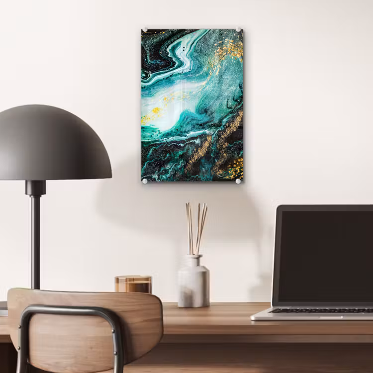 Glas schilderij - Marmerlook - Blauw - Goud - Glitter - Luxe - Marmer — 6