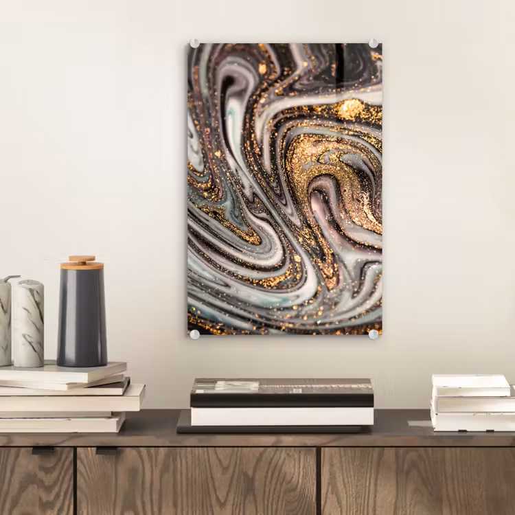 Glas schilderij - Marmerlook - Goud - Glitter - Luxe - Marmer - Wit — 1