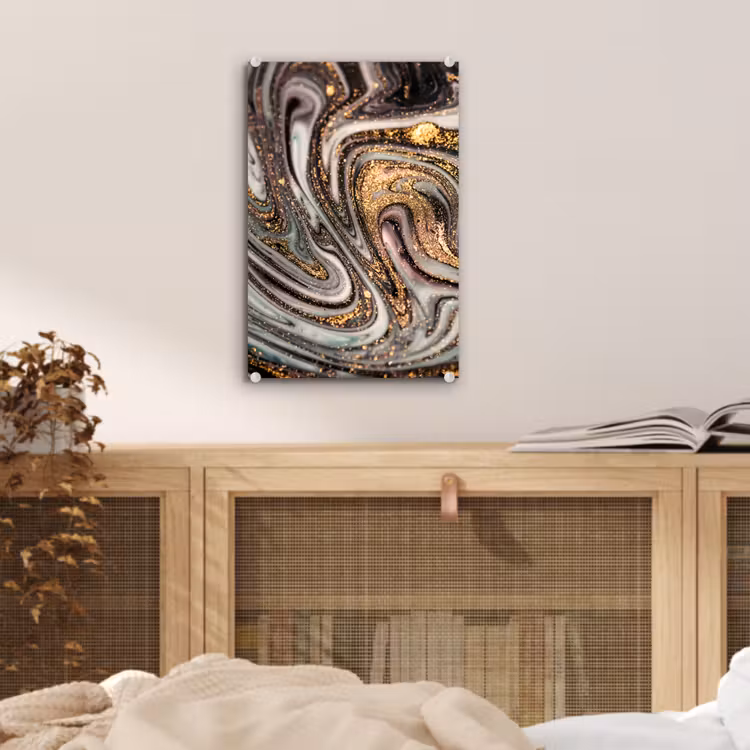 Glas schilderij - Marmerlook - Goud - Glitter - Luxe - Marmer - Wit — 4