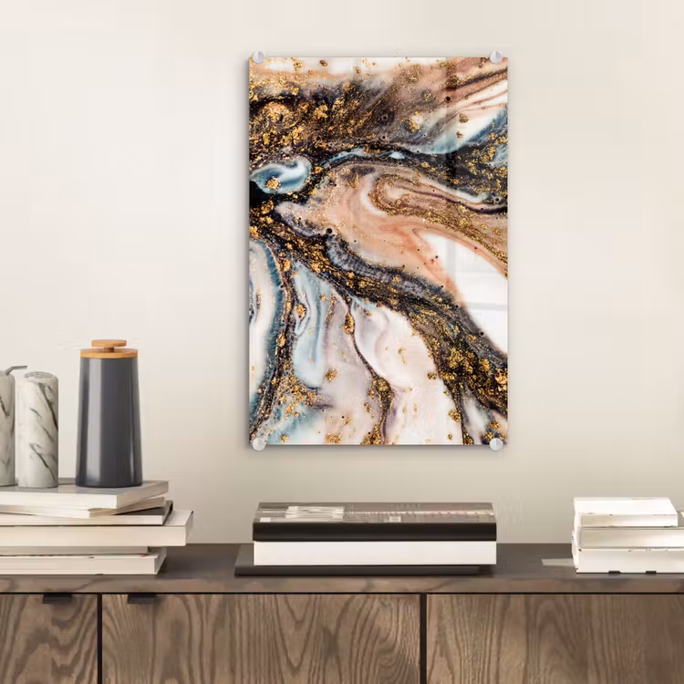 Glas schilderij - Marmerlook - Goud - Zwart - Glitter - Chic — 1