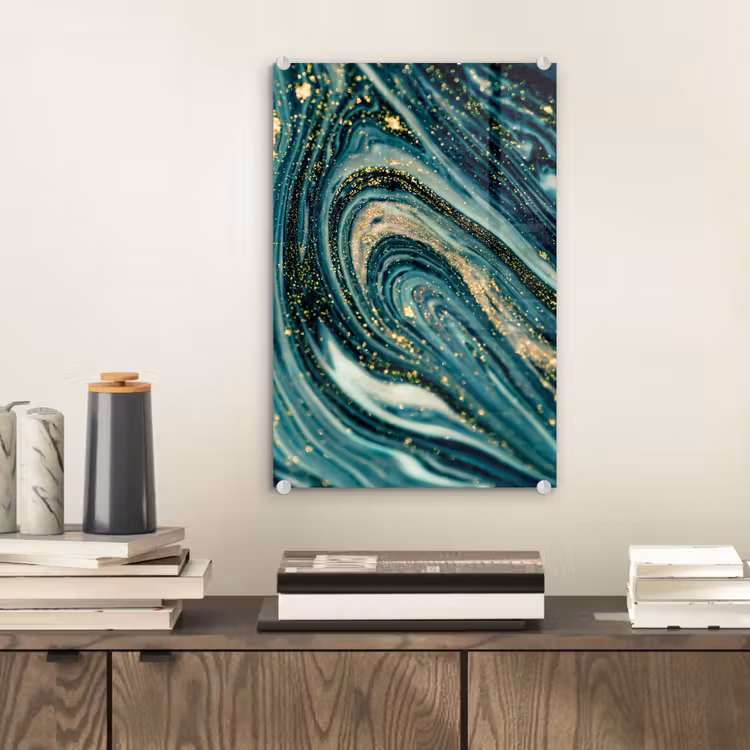 Glas schilderij - Marmerlook - Luxe - Goud - Turquoise - Glitter — 1