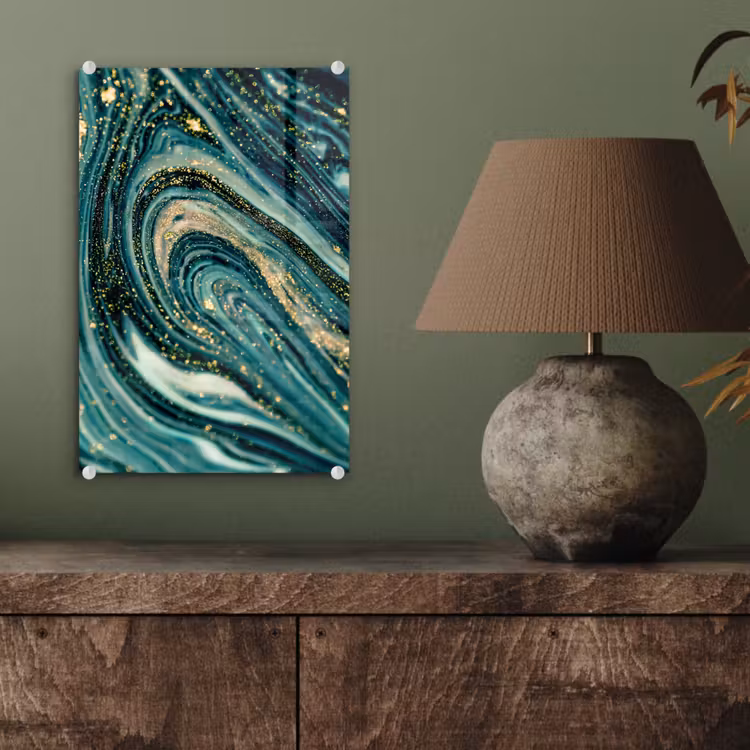 Glas schilderij - Marmerlook - Luxe - Goud - Turquoise - Glitter — 3