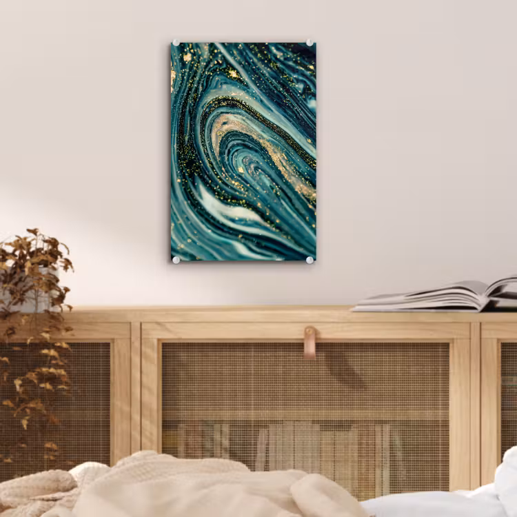 Glas schilderij - Marmerlook - Luxe - Goud - Turquoise - Glitter — 4