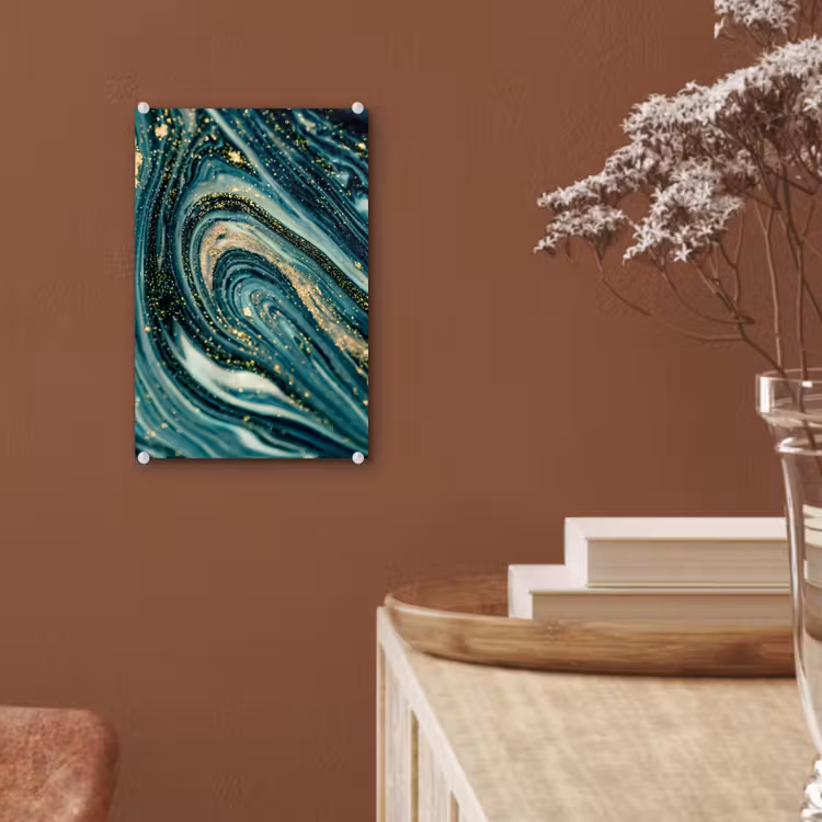 Glas schilderij - Marmerlook - Luxe - Goud - Turquoise - Glitter — 5