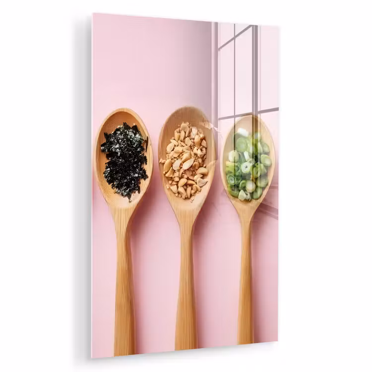 Glas schilderij - Ingrediënten - Lepels - Hout - Roze — 1