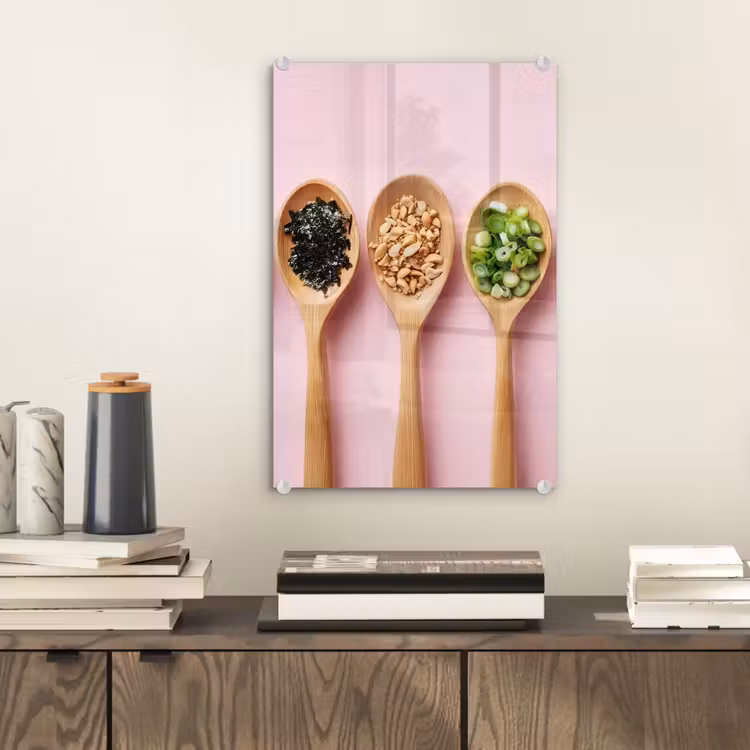 Glas schilderij - Ingrediënten - Lepels - Hout - Roze — 2