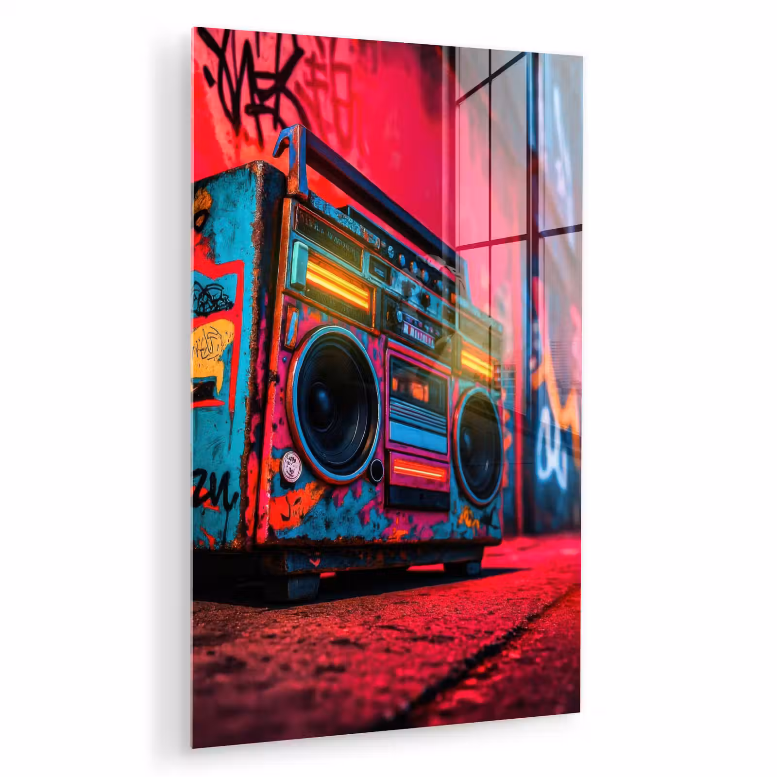 Glas schilderij - Boombox - Rood - Graffiti - Neon — 1