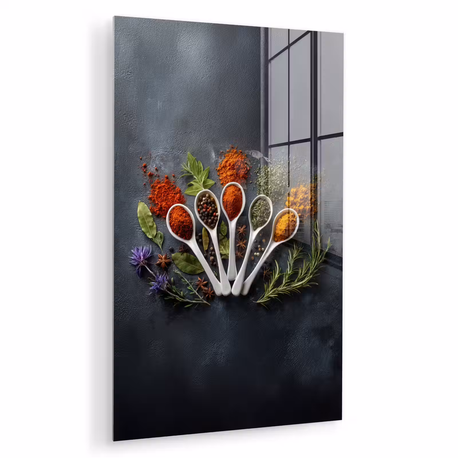 Glas schilderij - Lepels - Wit - Poeder - Kruiden — 1