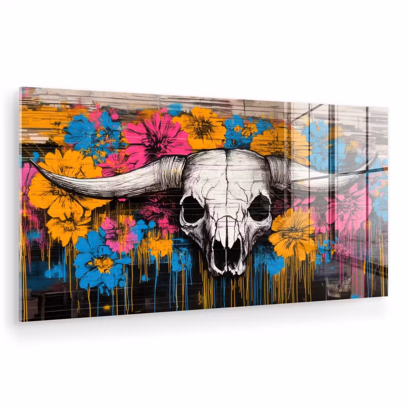 Glas schilderij - Schedel - Bloemen - Graffiti — 1
