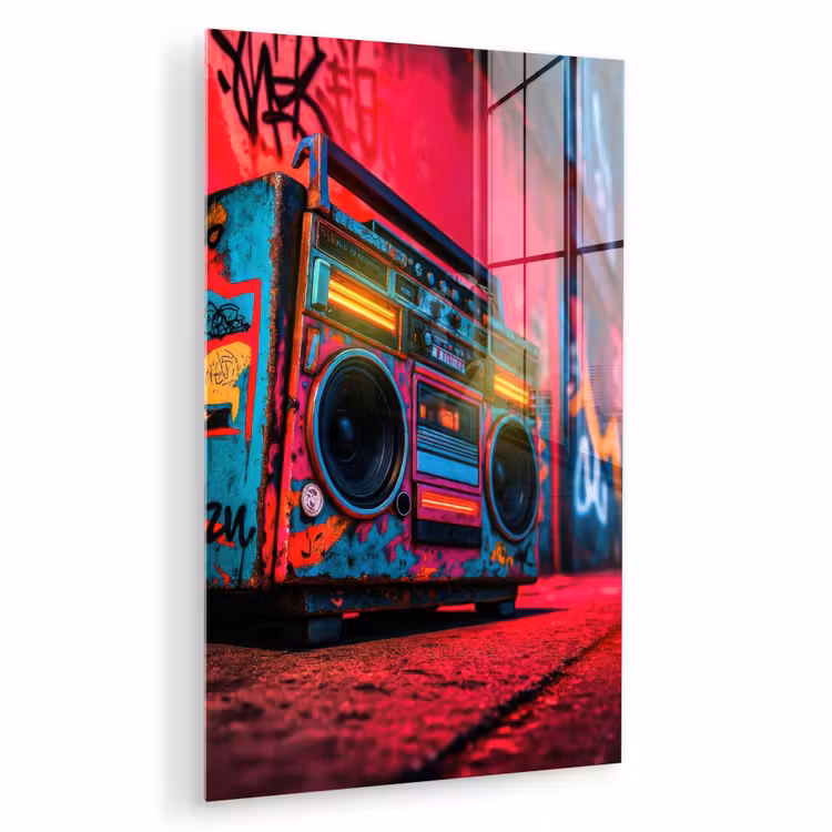 Glas schilderij - Boombox - Rood - Graffiti - Neon — 1